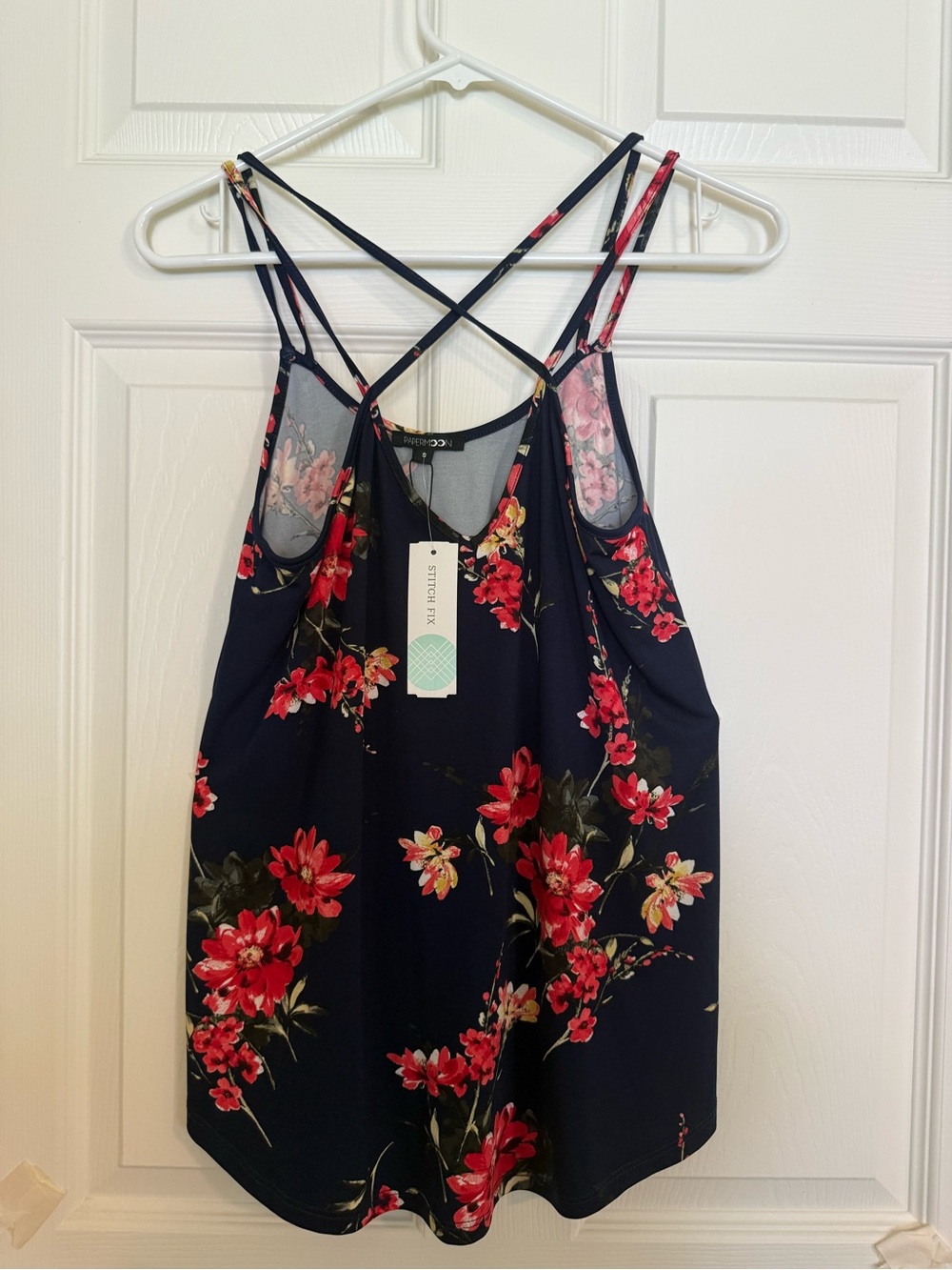 Stitch Fix NET Navy Floral Cross Strappy Tank - Navy with Red Floral Print